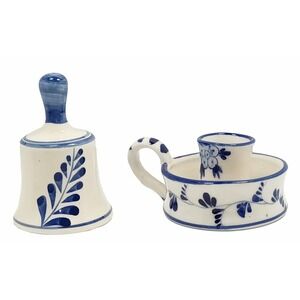 Lot of 2 Vintage Blue Delft Style Porcelain Hand Painted Candle Holder & Bell
